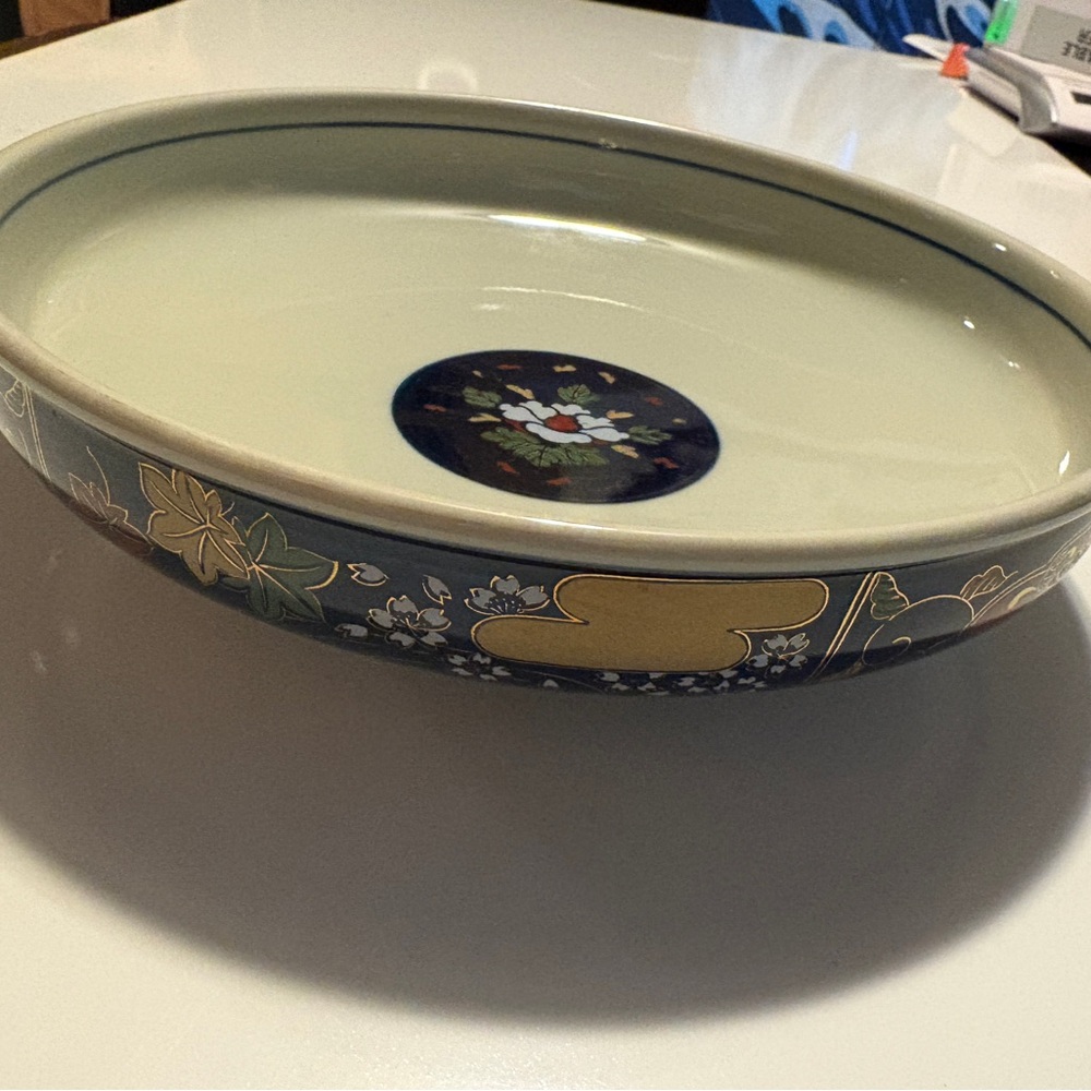 10" Vintage Japanese Imari Cobalt Blue Chrysanthemum Bowl Red Gold Flowers Asian